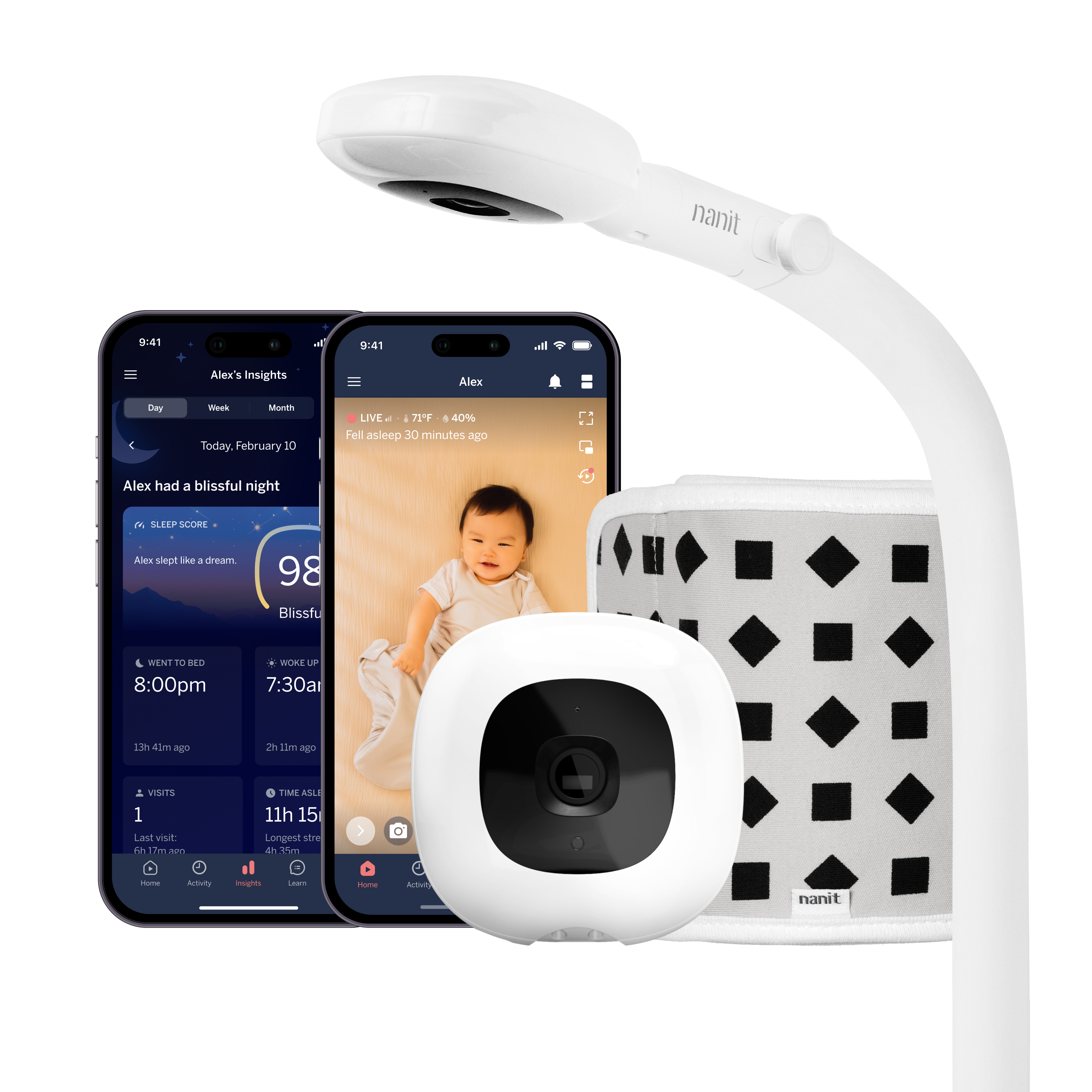 Nanit Smart Baby Monitor camera and floor stand with app screens and patterned Breathing Wear in an official manufacturer composite.