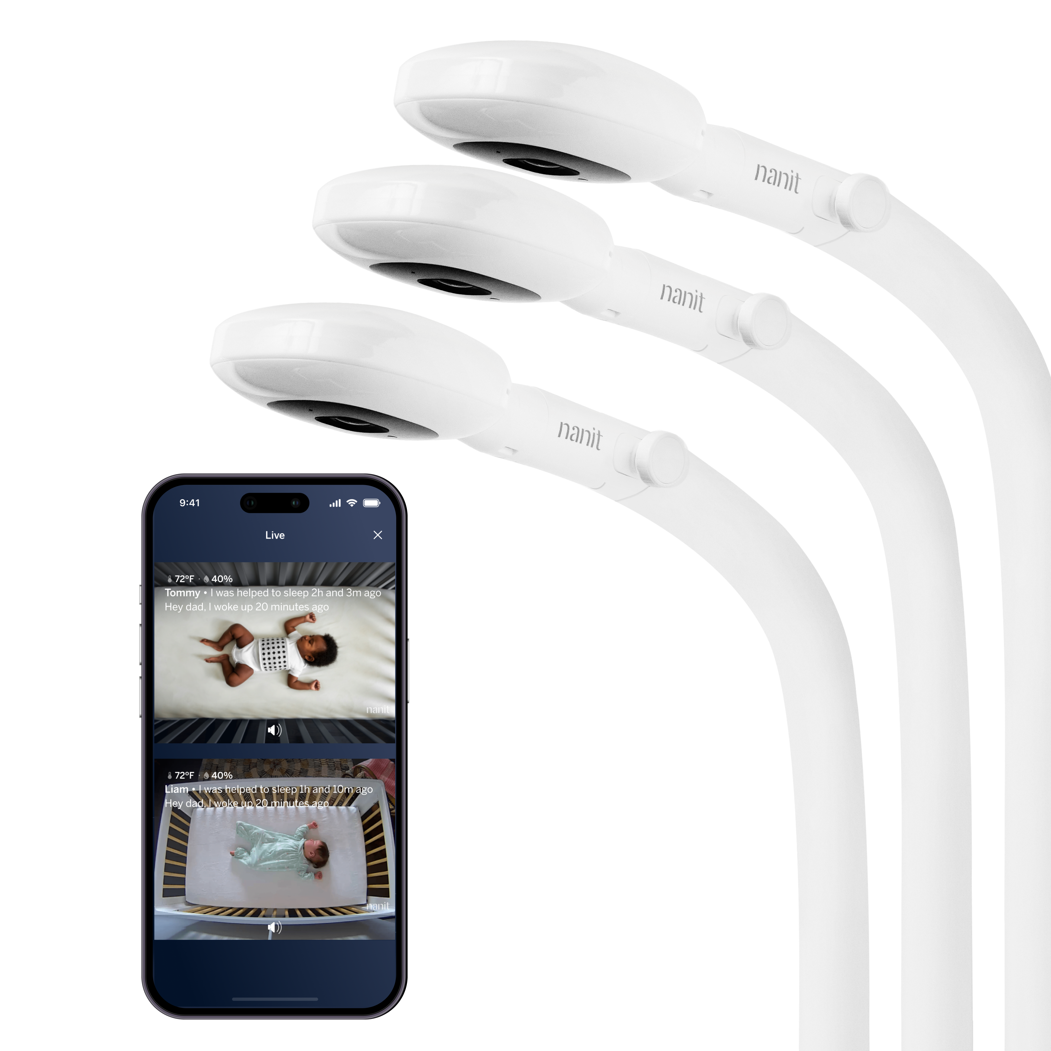 Nanit Smart Baby Monitor Multi-Pack, three floor-stand cameras and a phone showing two room feeds.