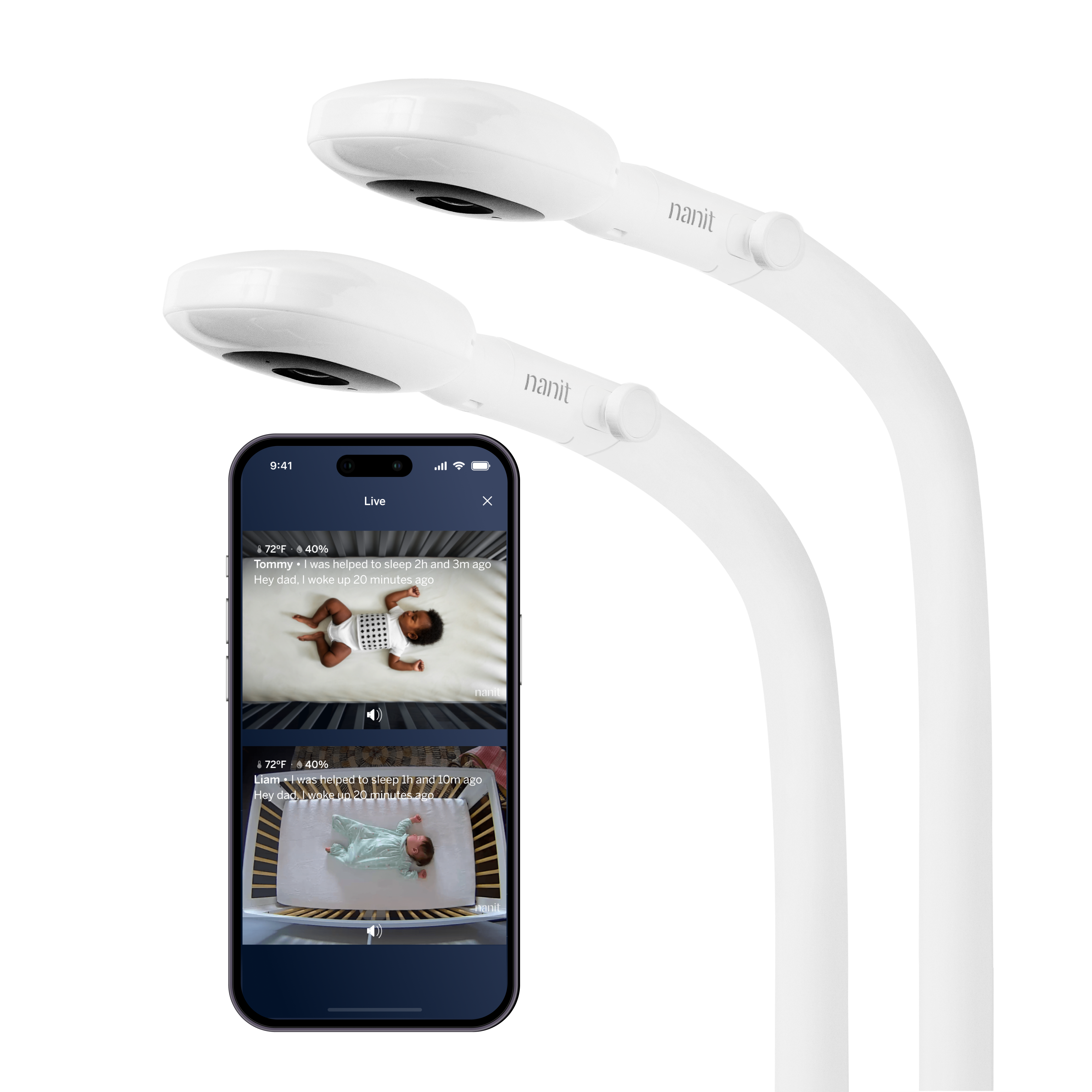 Nanit Smart Baby Monitor Multi-Pack, two floor-stand cameras and a phone showing two room feeds.