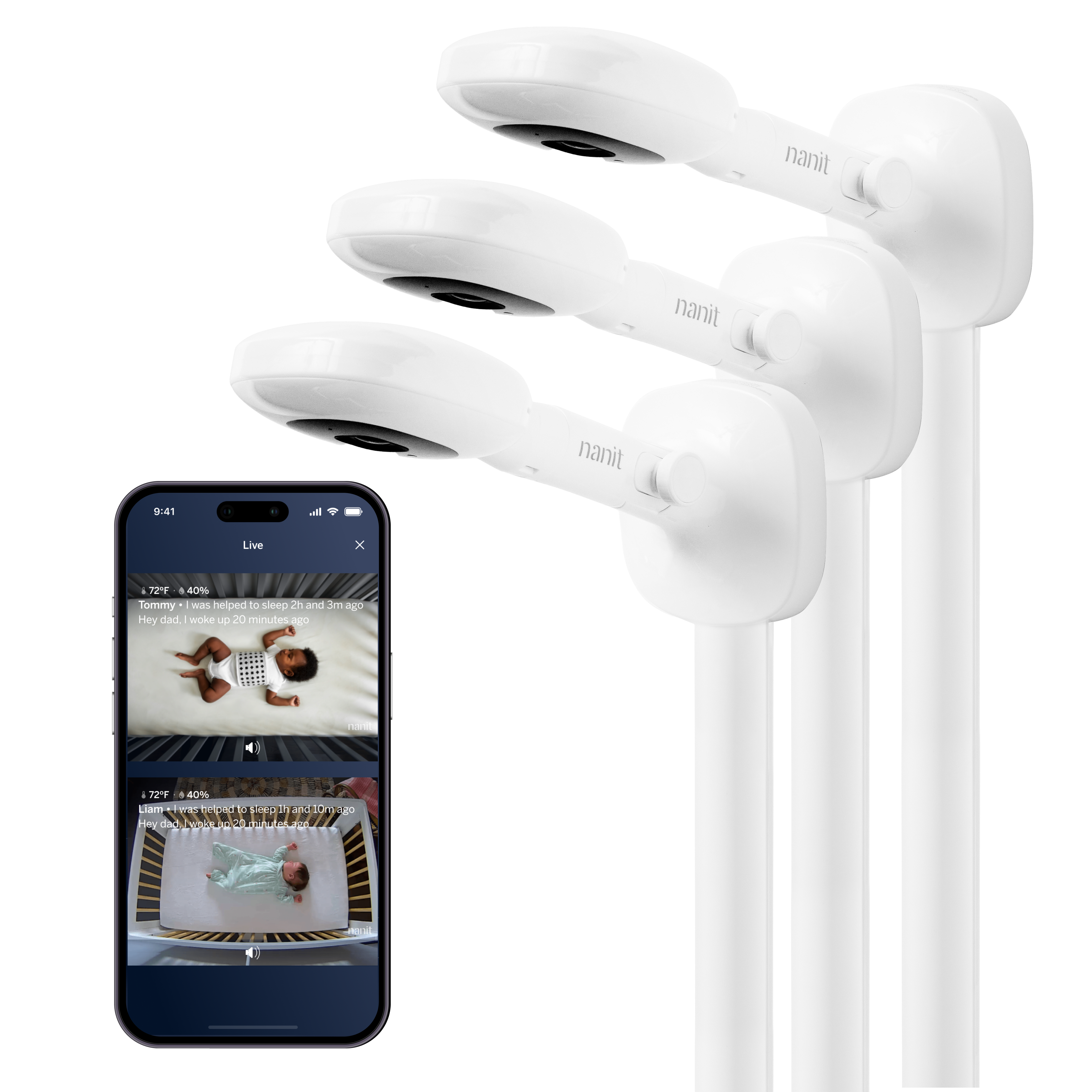Nanit Smart Baby Monitor Multi-Pack, three wall-mounted cameras and a phone showing two room feeds.