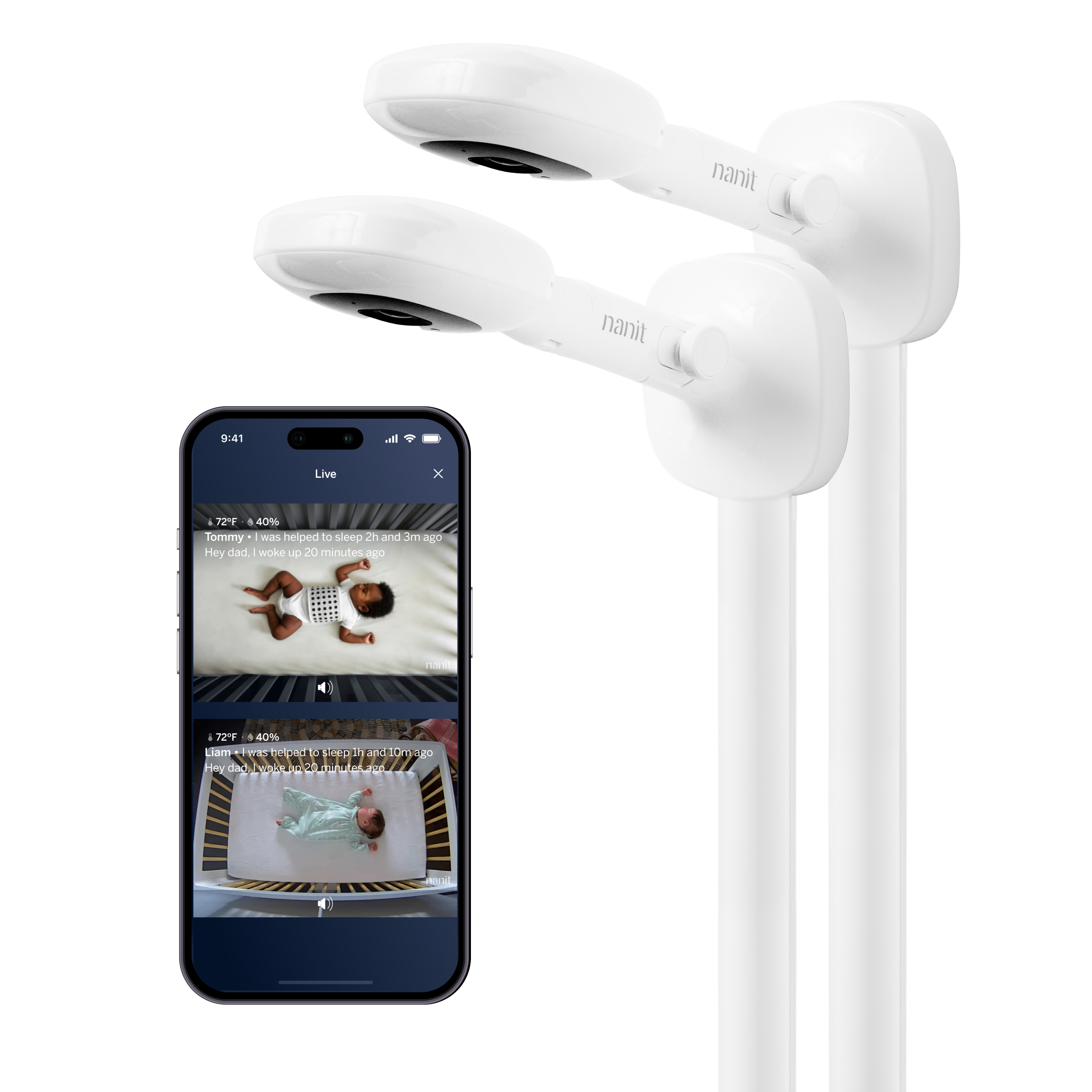 Nanit Smart Baby Monitor Multi-Pack, two wall-mounted cameras and a phone showing two room feeds.