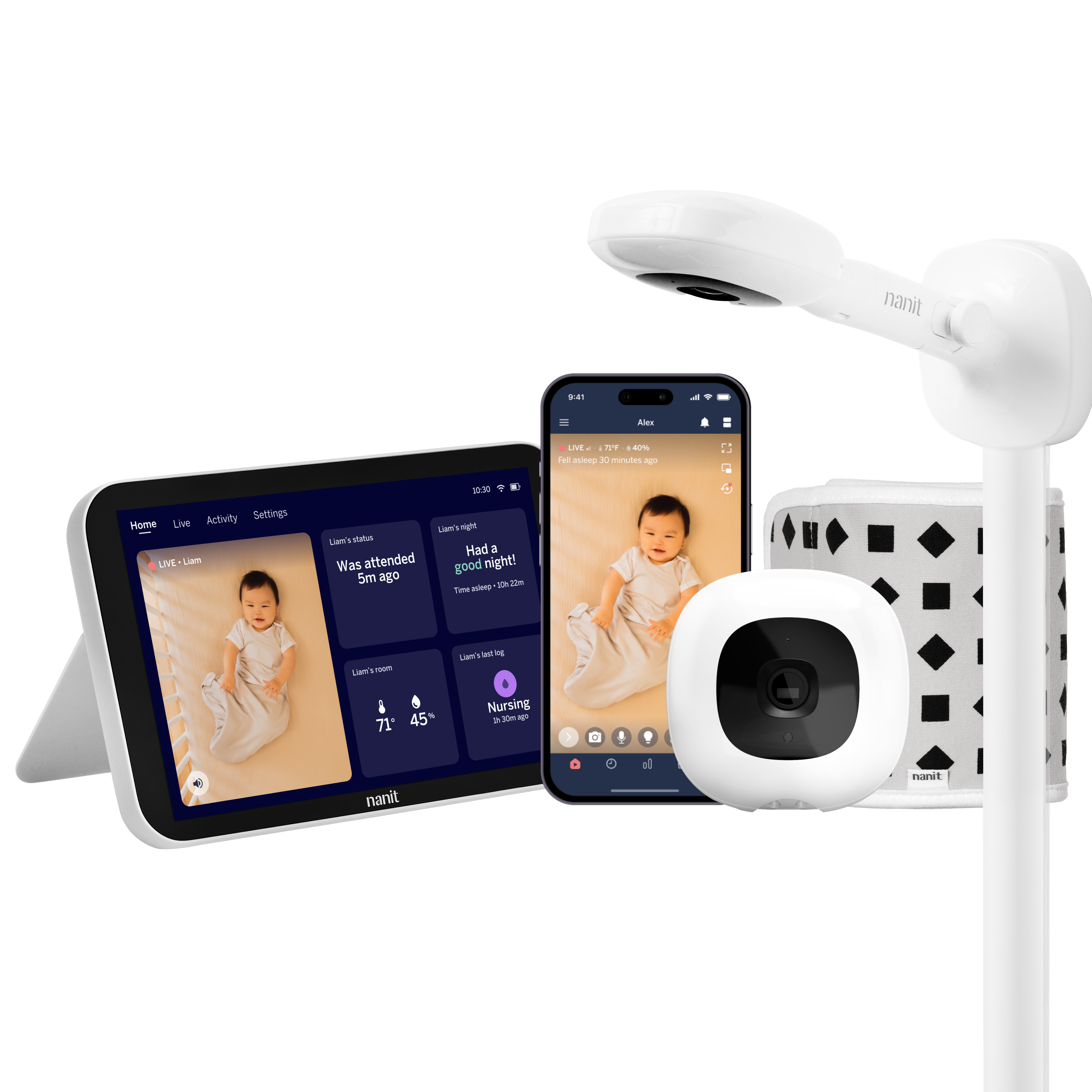 Nanit Smart Baby Monitor with Wall Mount and included 8-inch Home touchscreen in a manufacturer composite.