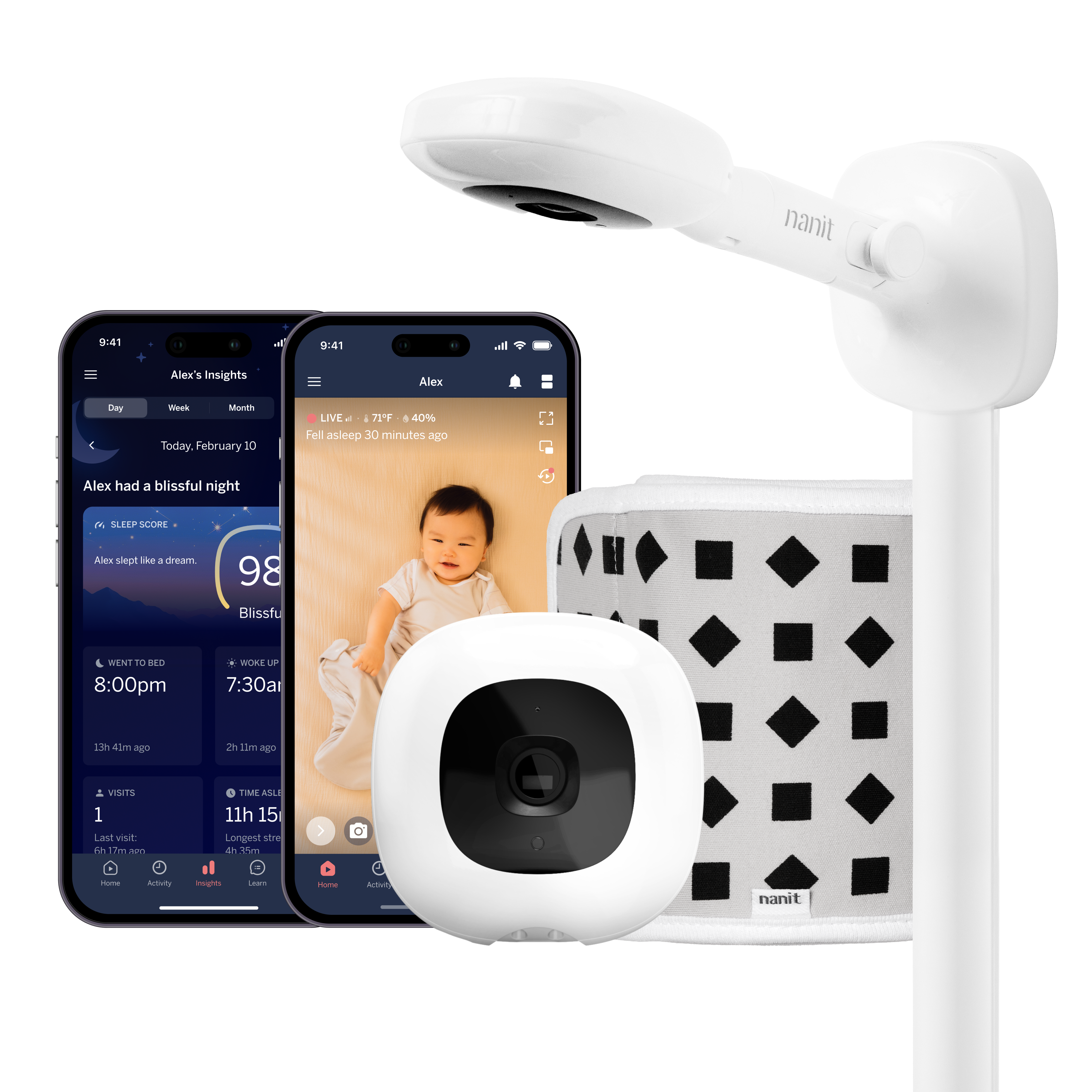 Nanit Smart Baby Monitor camera attached to the wall-mount arm with app screens and patterned apparel in an official manufacturer composite.