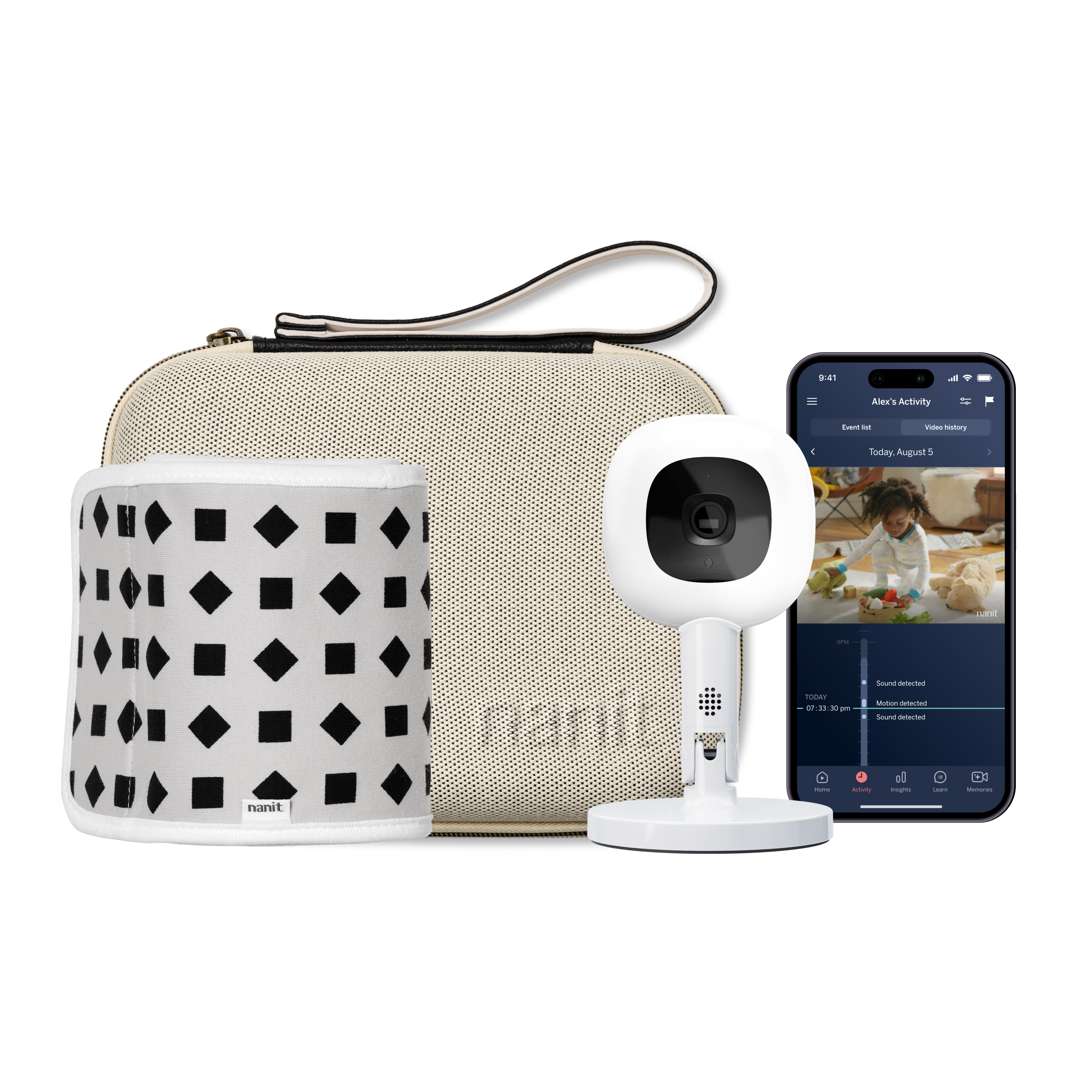 Nanit The Travel Bundle in Two Tone Canvas: travel case, small patterned Breathing Band, Pro camera on portable Flex Stand and a phone showing the companion app in a manufacturer product composite.