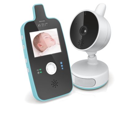 Philips Avent SCD603/10 handheld parent monitor and matching baby camera in a manufacturer rendering.