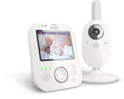 Philips Avent SCD630/37 handheld Parent Unit and matching camera in an exact-model white-background manufacturer rendering.