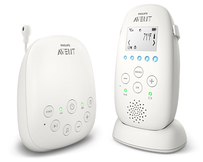 Philips Avent SCD720/86 Baby Unit beside its matching Parent Unit with status and temperature LCD, shown on a clean-background manufacturer rendering.