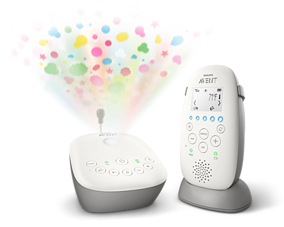 Philips Avent SCD730/86 Parent Unit beside its matching DECT Baby Unit, with a starry projector pattern shown in a clean-background manufacturer composite.