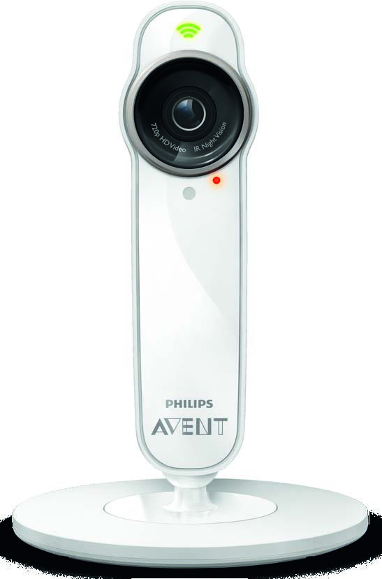 White Philips Avent SCD860 Wi-Fi camera shown on its circular base in a manufacturer manual-cover photograph.
