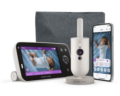 Philips Avent Premium Connected SCD971/26 parent screen, single camera and pouch in an official manufacturer product rendering.