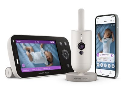 Philips Avent Premium Connected SCD971/37 parent screen, single wall-mount camera and phone app in an official manufacturer product rendering.