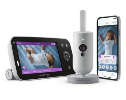 Philips Avent Premium Connected SCD973/37 parent screen, single 2-in-1 mount camera and phone app in an official manufacturer product rendering.