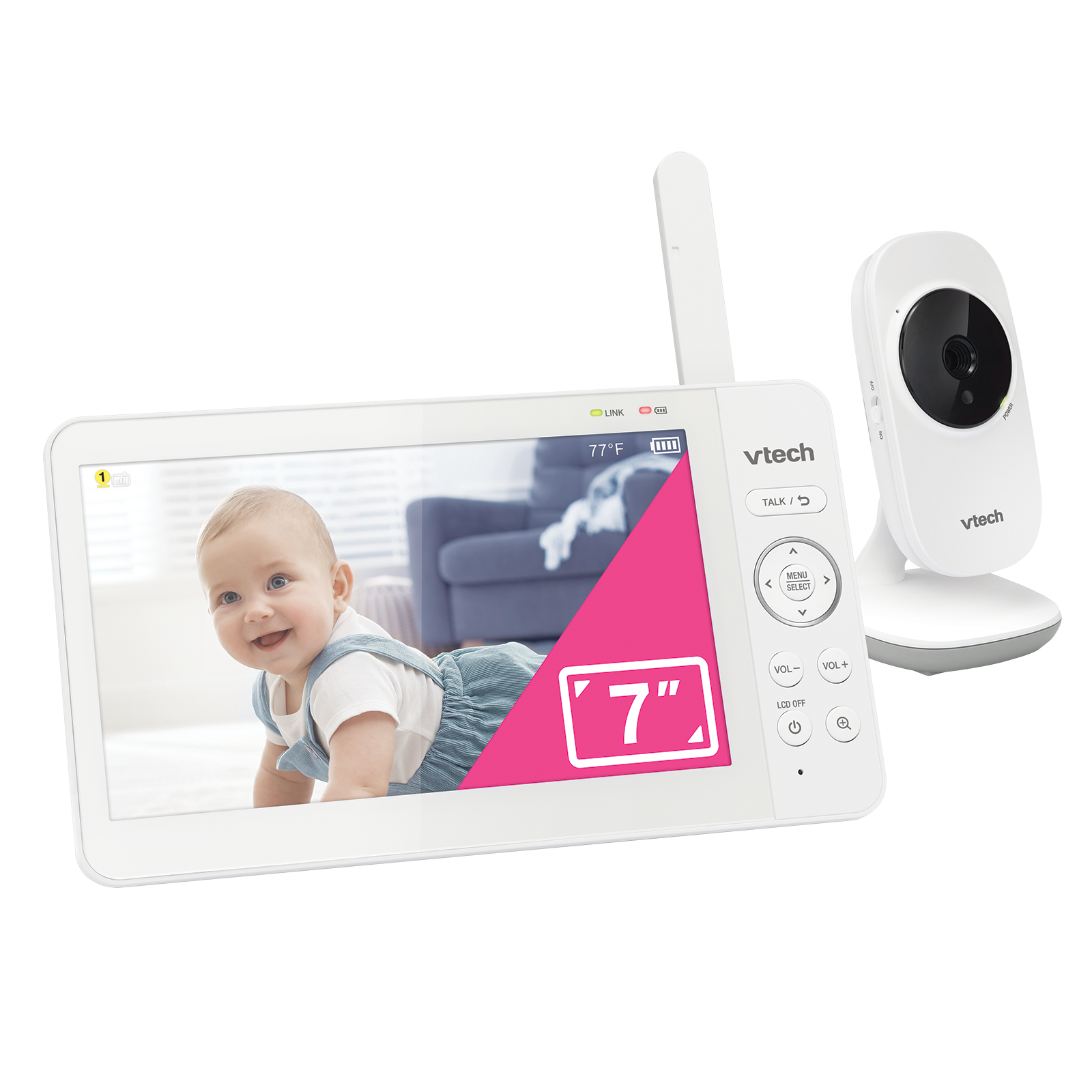 VTech 819 Max seven-inch Parent Unit and one Baby Unit in an official manufacturer product rendering.