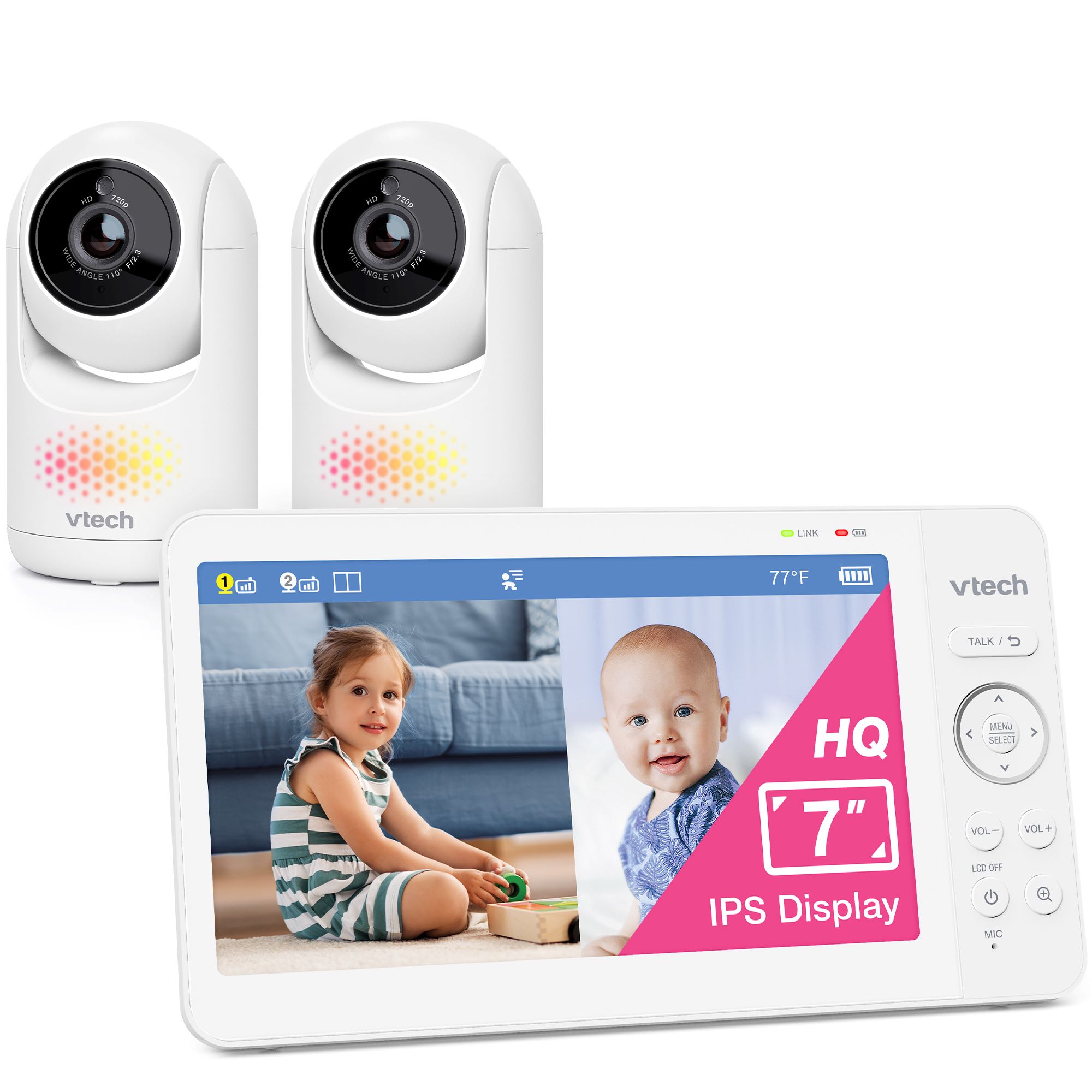 VTech Advanced HQ Max Twin 346800 two cameras and parent viewer showing two side-by-side pictures in an official manufacturer composite.