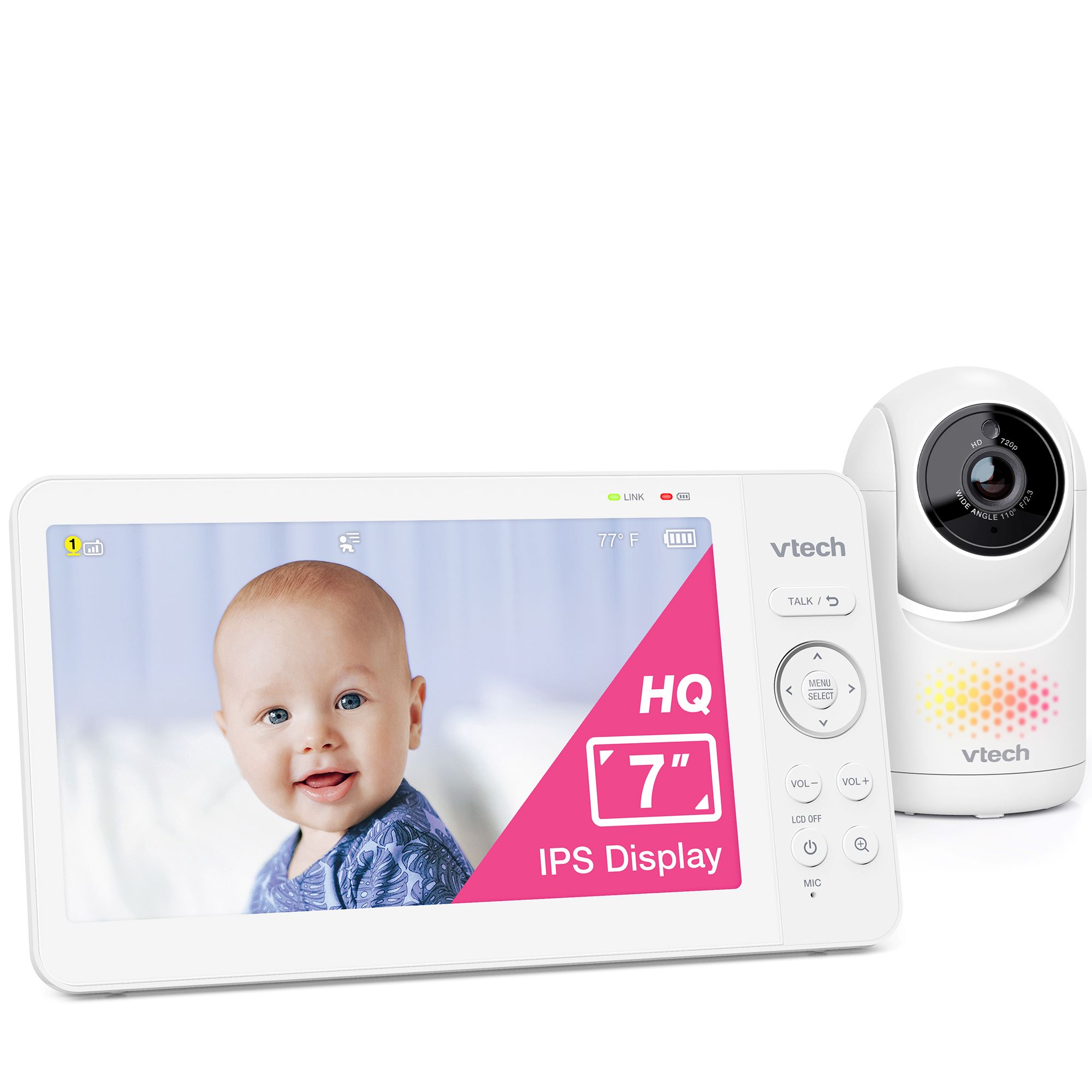 VTech Advanced HQ Max 346700 seven-inch parent viewer and one camera in an official manufacturer composite.
