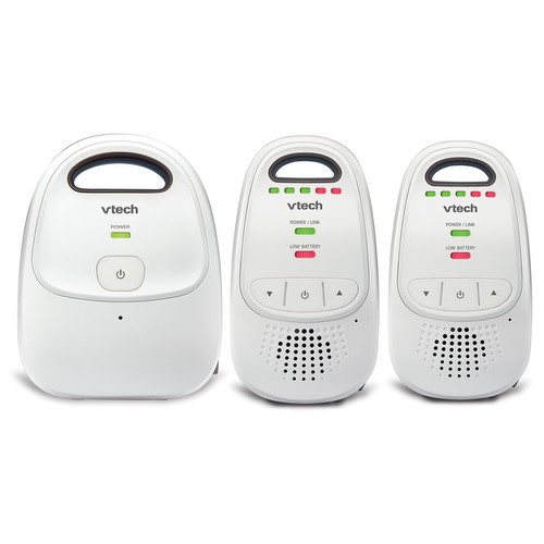 VTech DM112-2 audio monitor package showing 2 Parent Units and one Baby Unit.