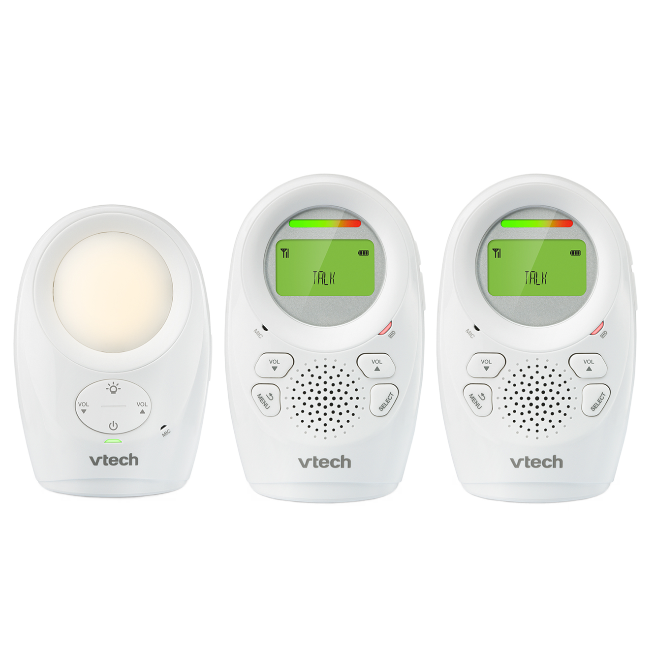 VTech DM1211-2 audio monitor render showing one Baby Unit and two Parent Units.