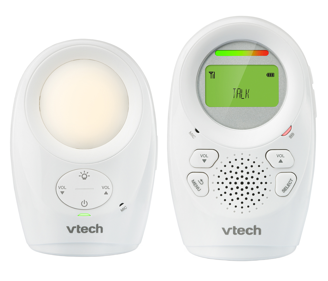 VTech DM1211 local audio monitor with one Baby Unit and one Parent Unit, shown in a white-background manufacturer render.