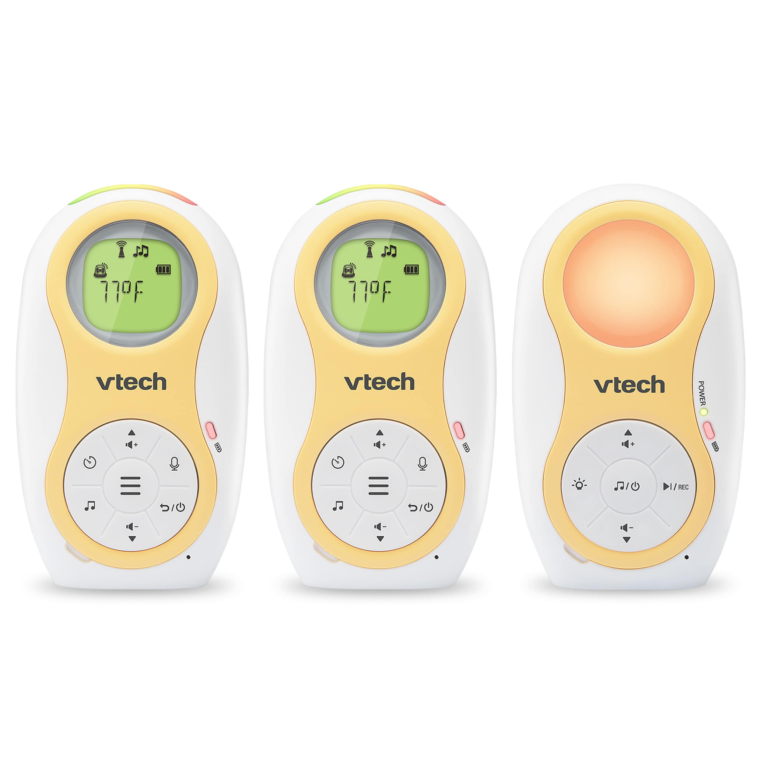 VTech DM1215-2 audio monitor package showing 2 Parent Units and one Baby Unit.