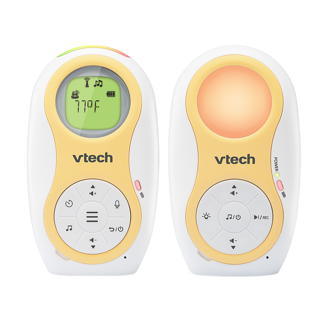 VTech DM1215 audio monitor package showing 1 Parent Unit and one Baby Unit.