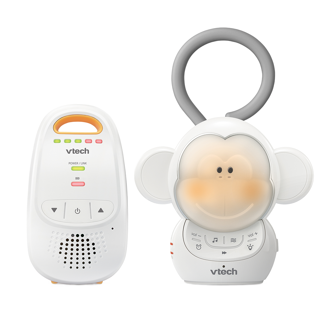 VTech DM1411 audio monitor package showing 1 Parent Unit and one Baby Unit.
