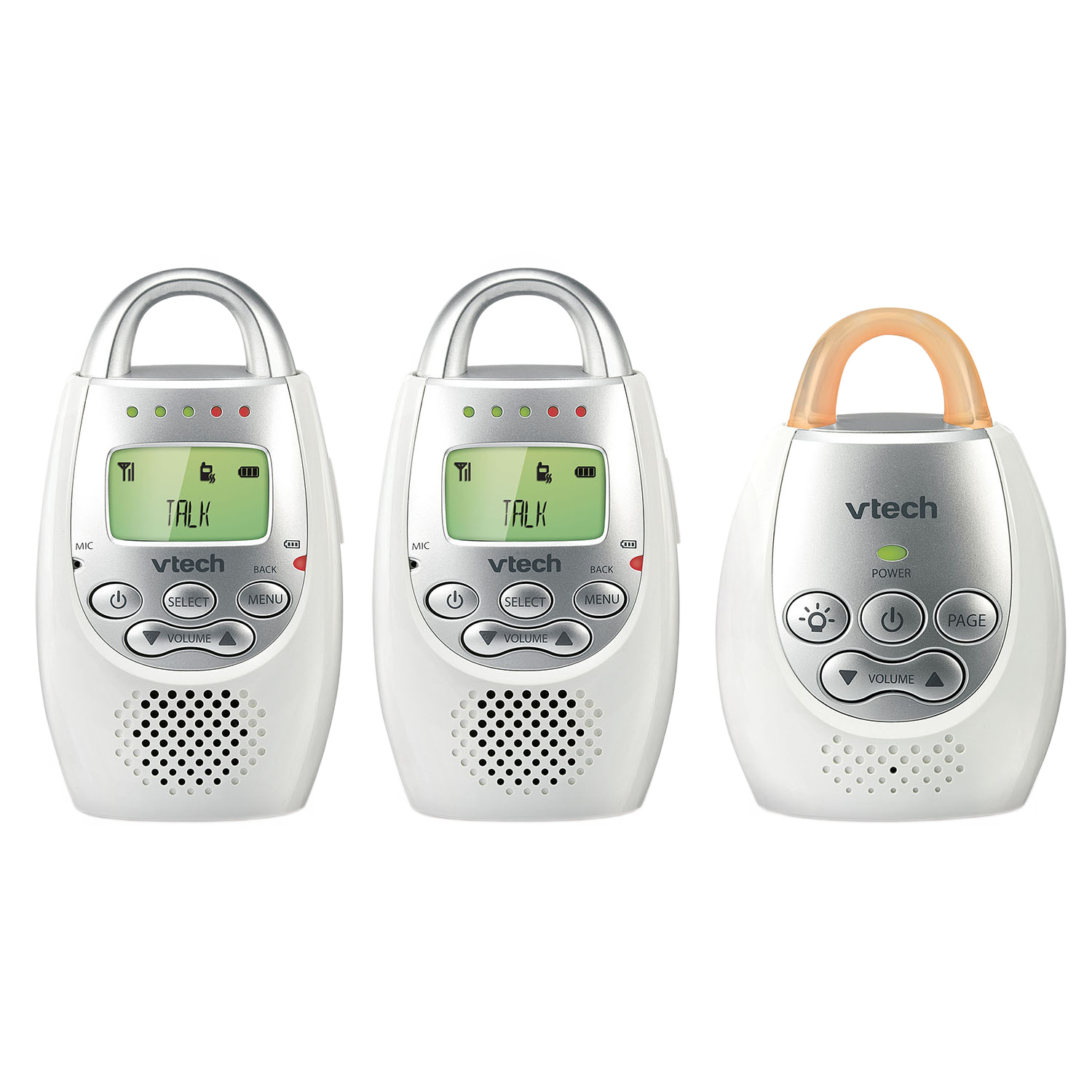 VTech DM221-2 audio monitor package showing 2 Parent Units and one Baby Unit.