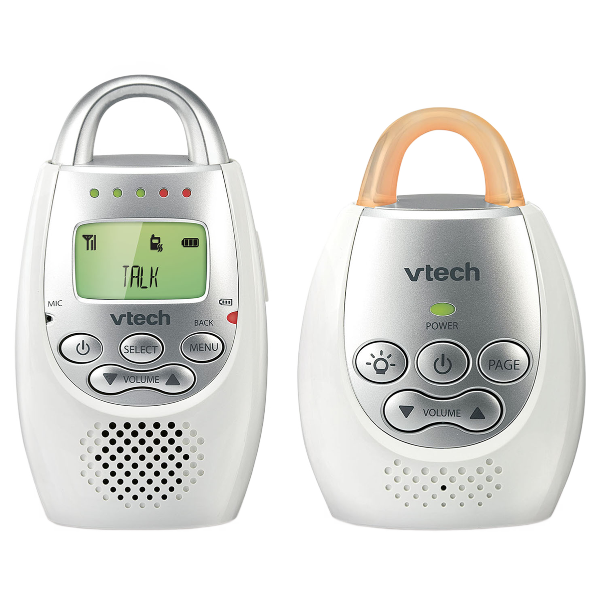VTech DM221 audio monitor package showing 1 Parent Unit and one Baby Unit.