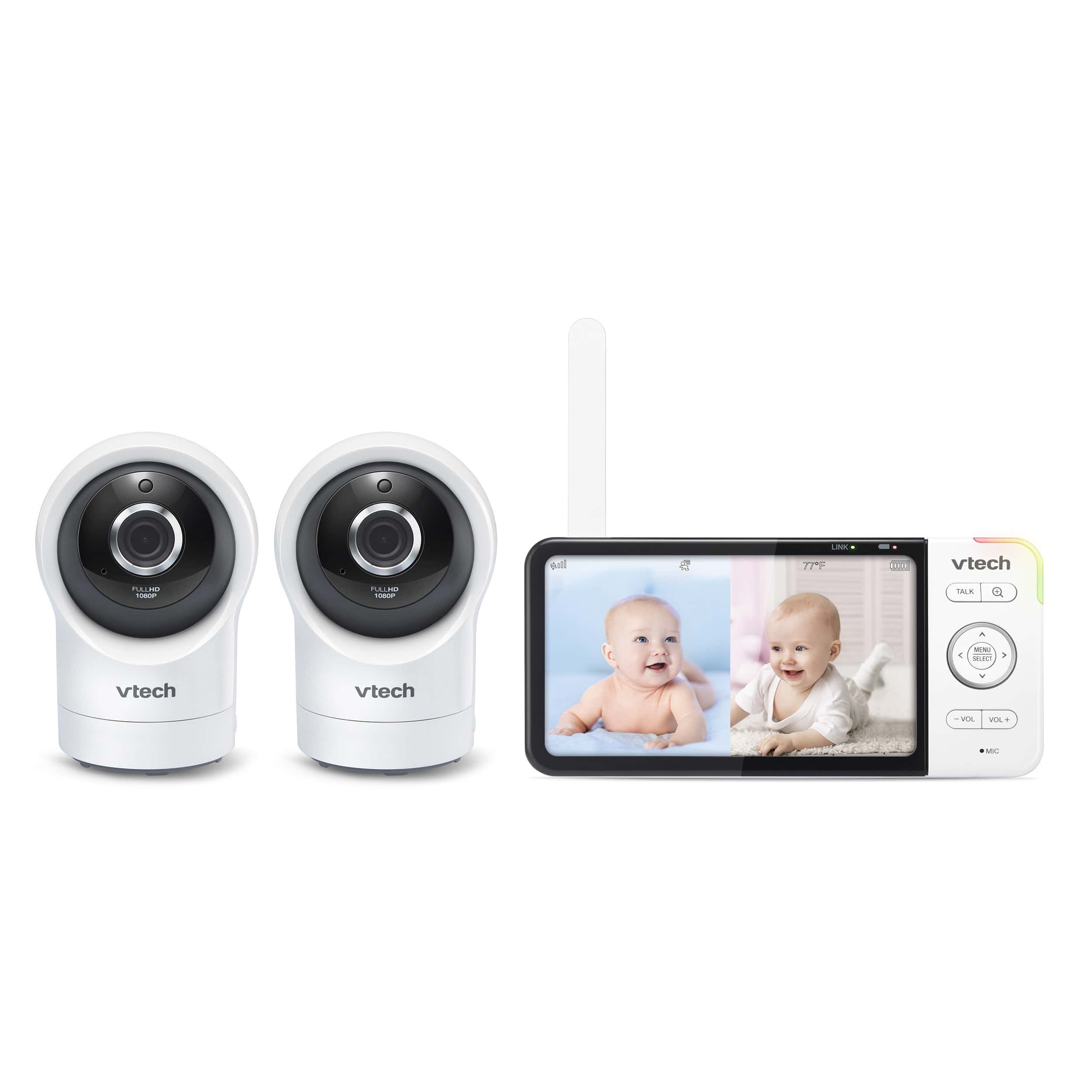 VTech RM5764-2HD two camera units and one 5-inch Parent Unit in manufacturer rendering.