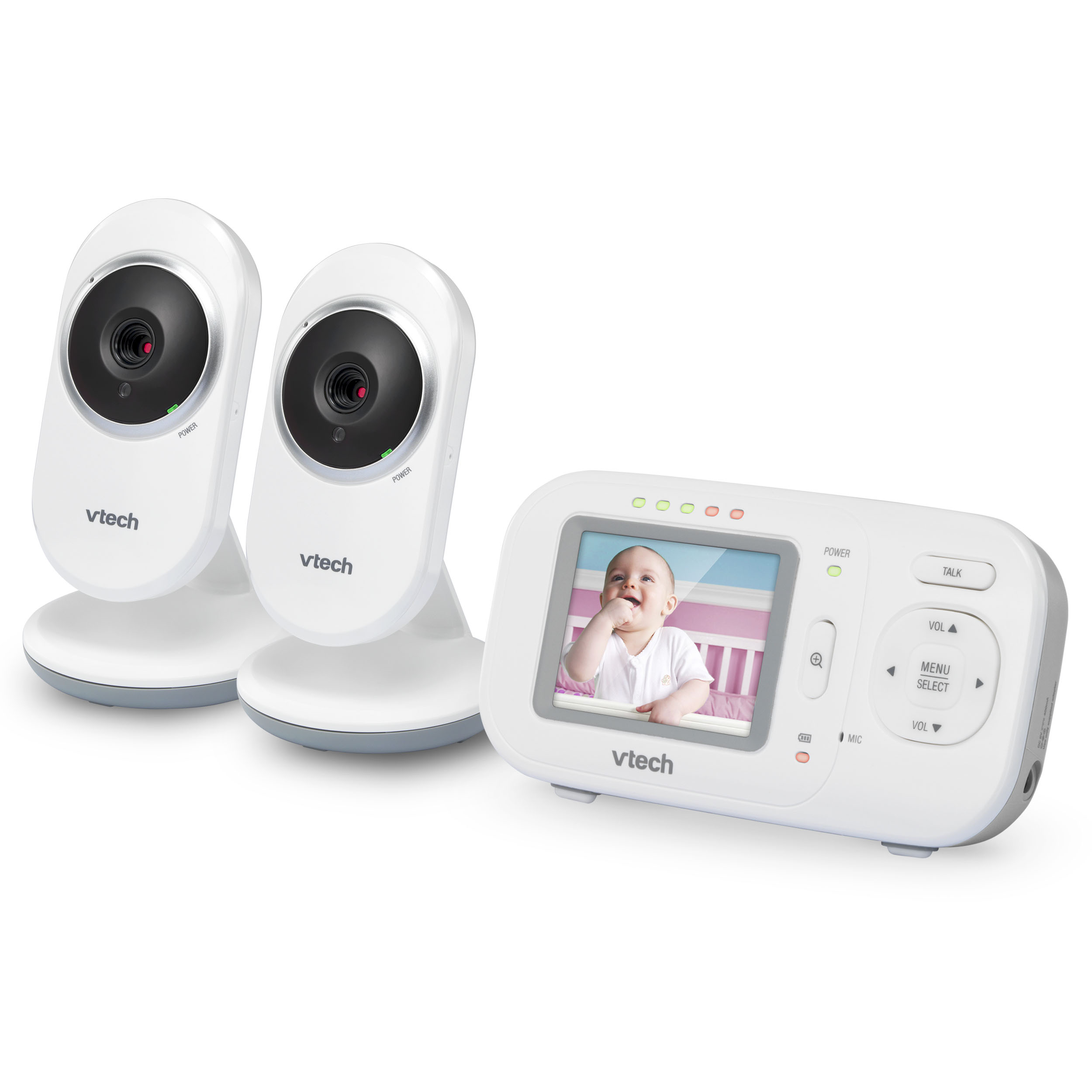 VTech VM320-2 two-camera baby-monitor package with two baby units and one 2.4-inch parent viewer, shown in a manufacturer rendering.