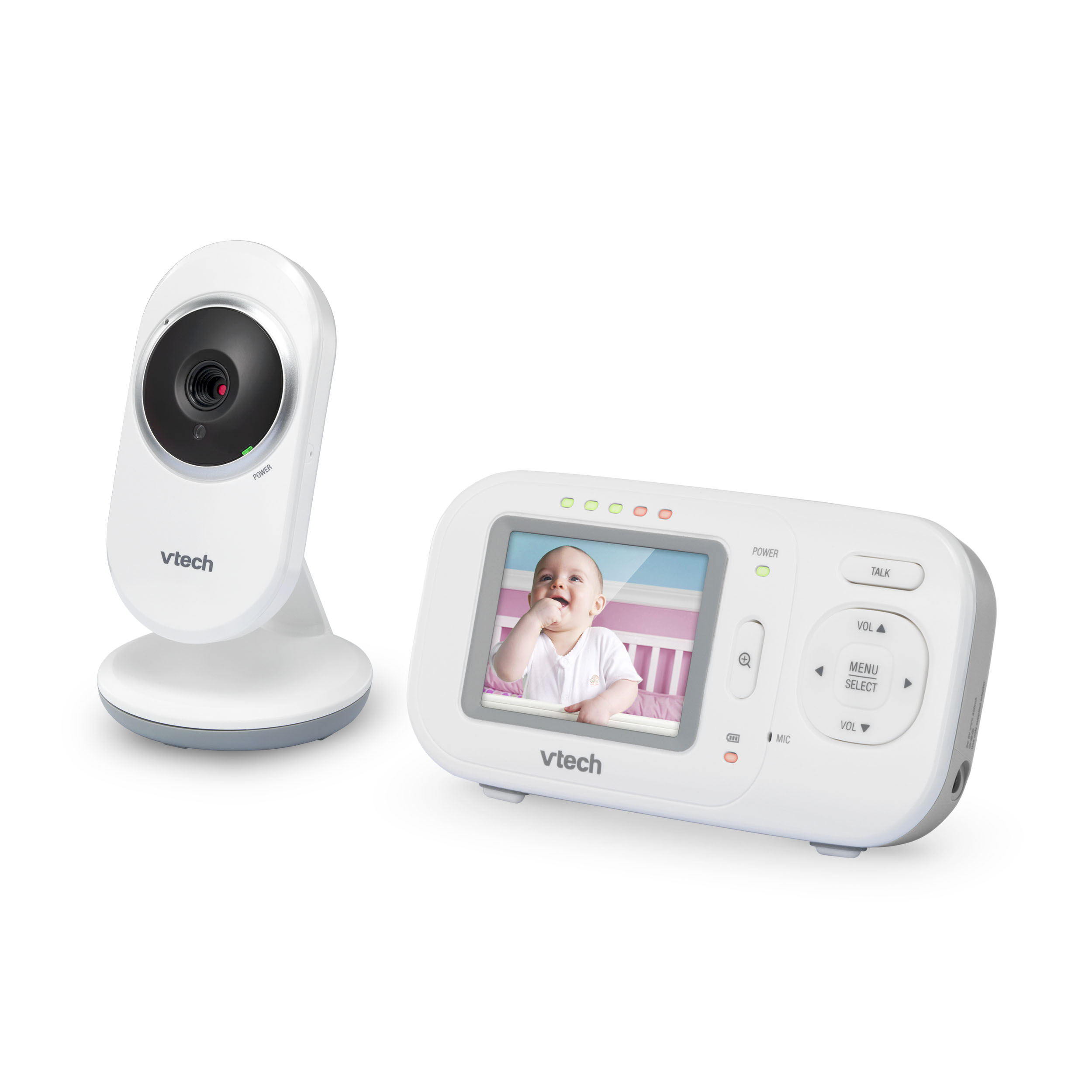 VTech VM320 one-camera baby unit and 2.4-inch parent viewer shown in a manufacturer rendering.