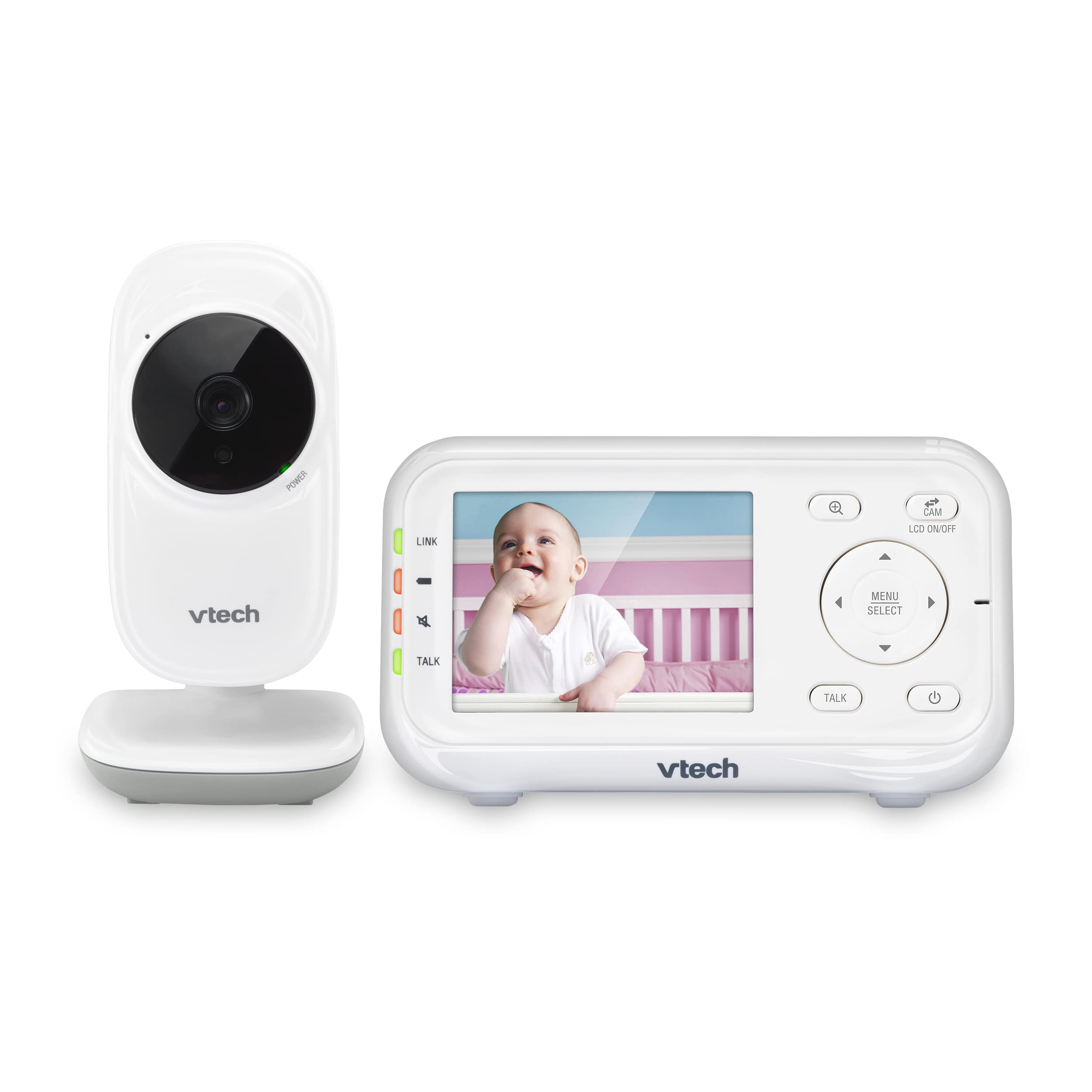 VTech VM3252 one camera and handheld 2.8-inch Parent Unit in an official manufacturer rendering.