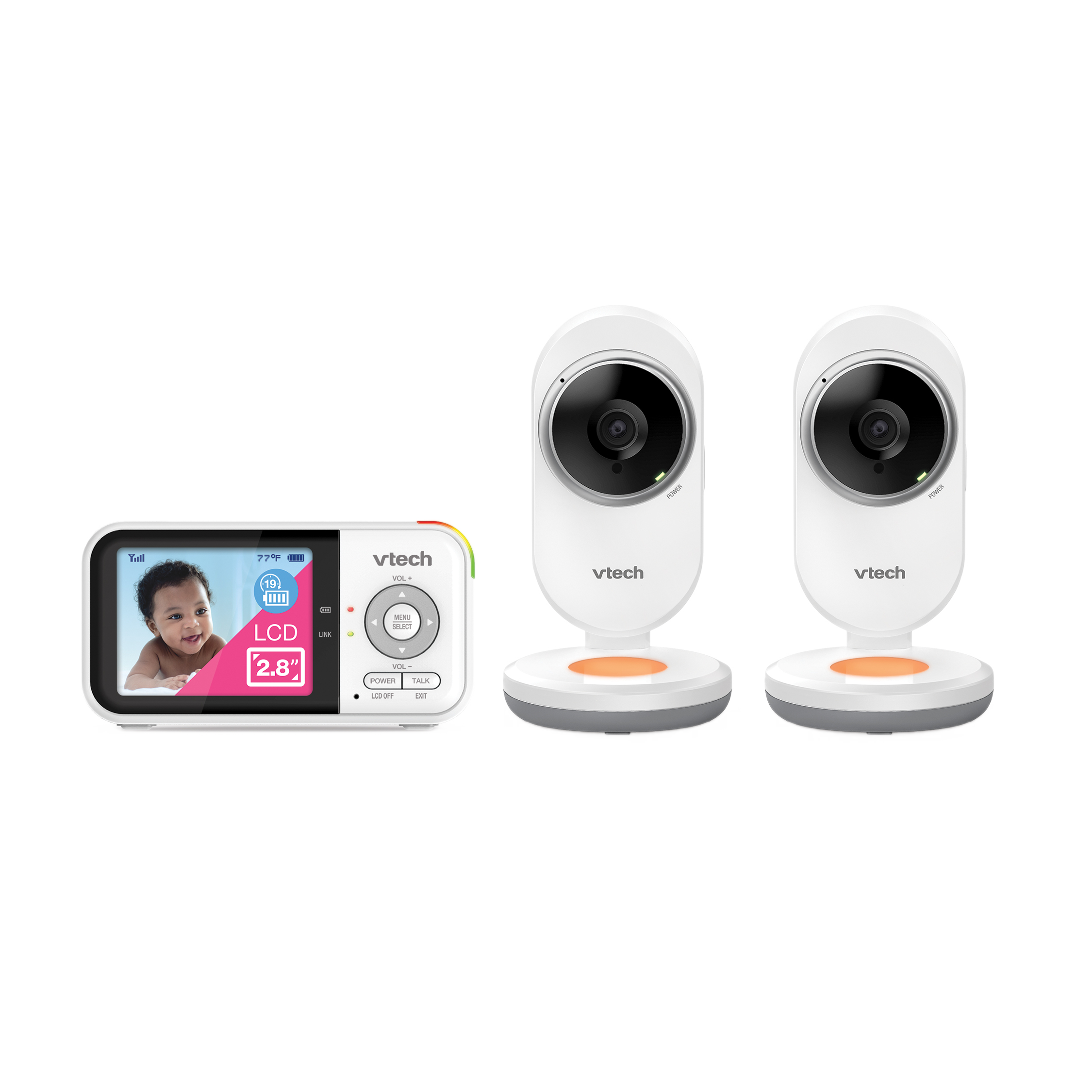 VTech VM3254-2 product rendering showing one Parent Unit and two fixed-position camera units.