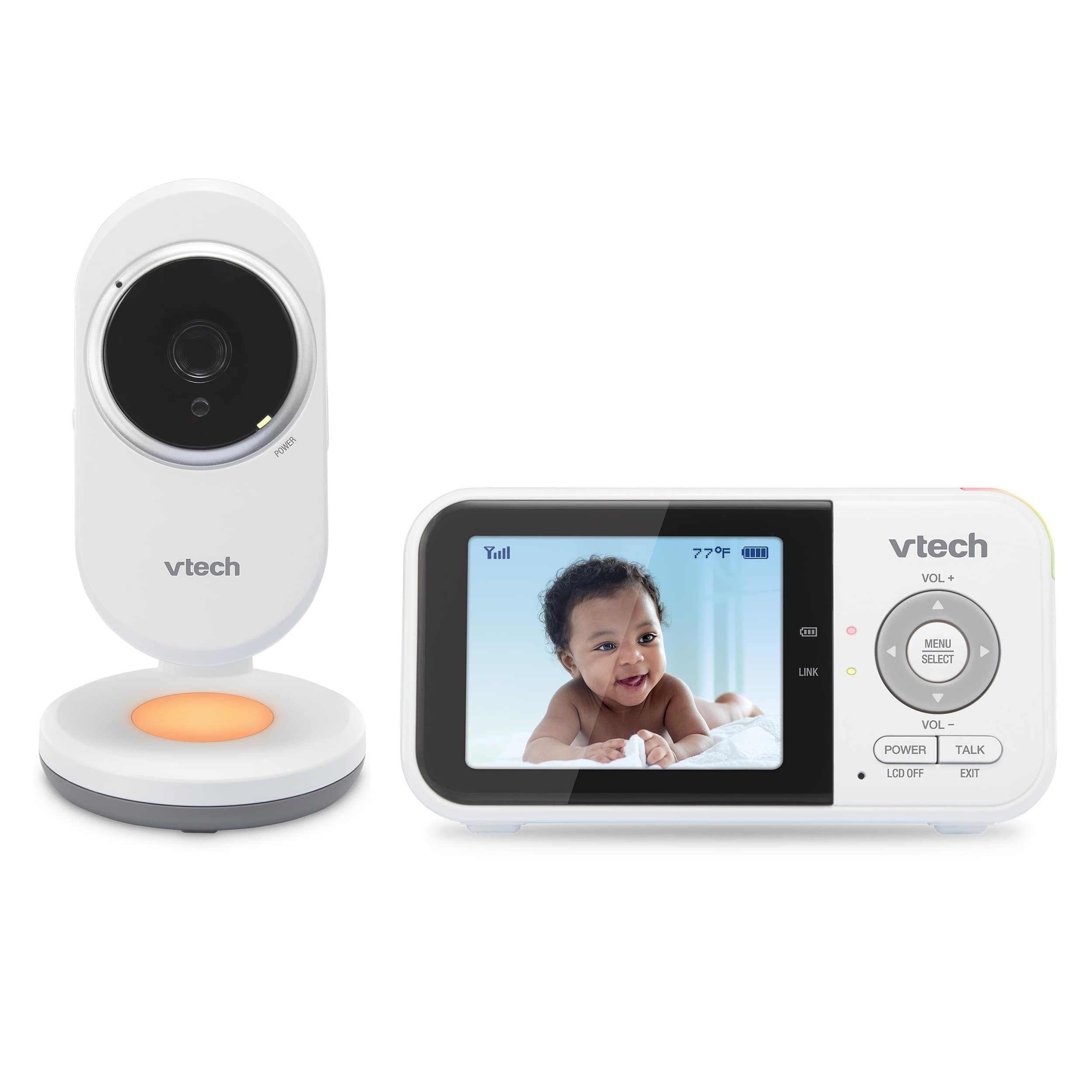 VTech VM3254 parent viewer and one fixed-position baby camera in an official product rendering.
