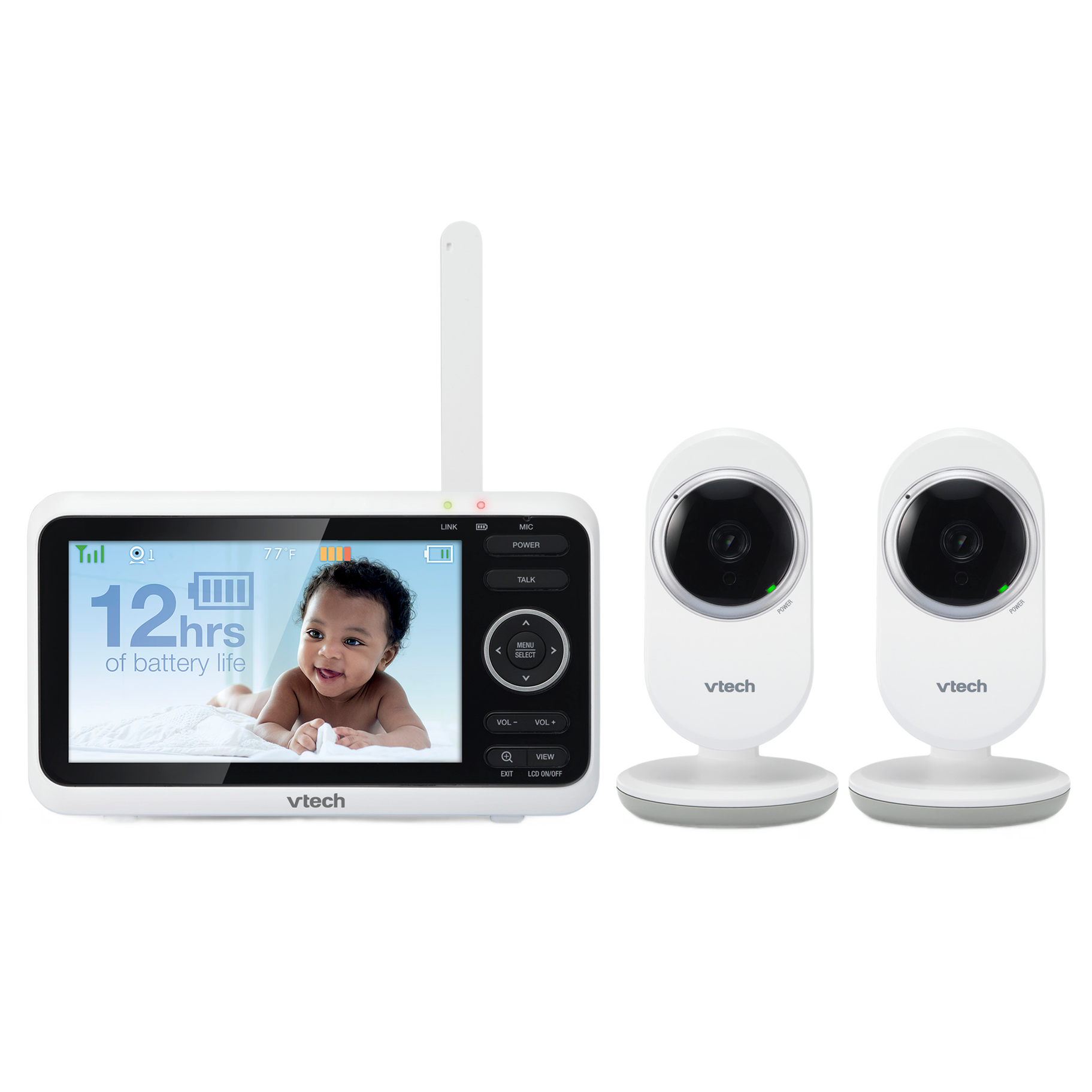 VTech VM350-2 five-inch parent viewer and its two matching cameras in a manufacturer rendering.