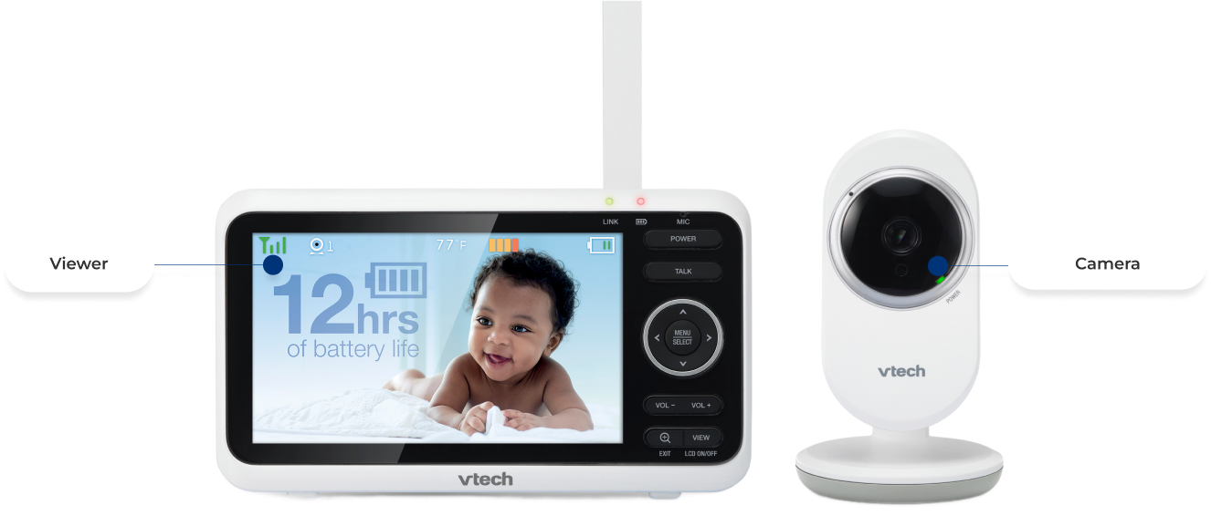 VTech VM350 five-inch parent viewer and one matching camera in a manufacturer rendering.