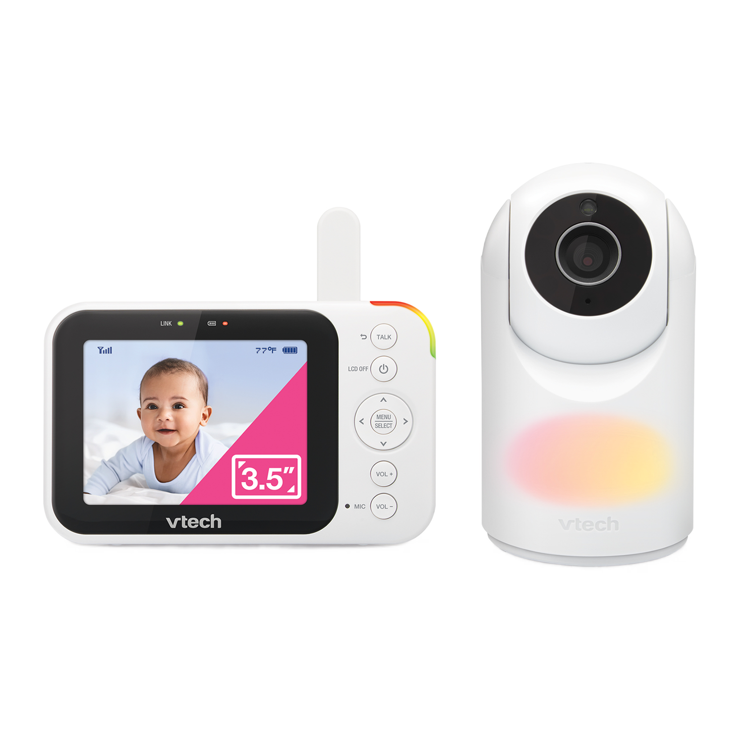 VTech VM4263 3.5-inch parent viewer and one matching camera in an official manufacturer rendering.