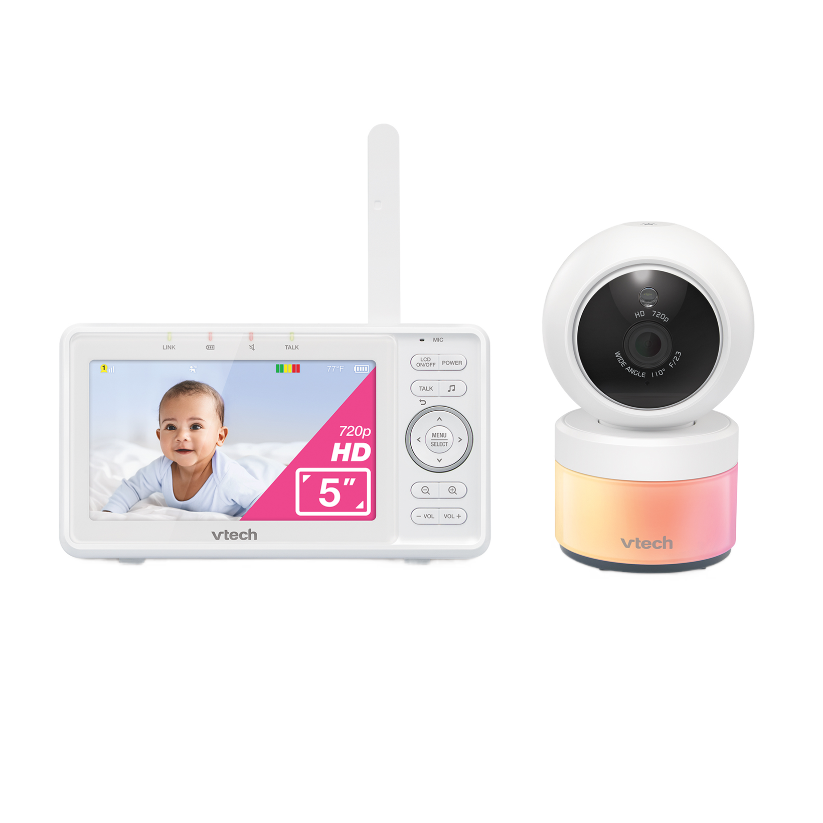 VTech VM5263 five-inch HD parent viewer and one matching camera shown in an official manufacturer rendering.
