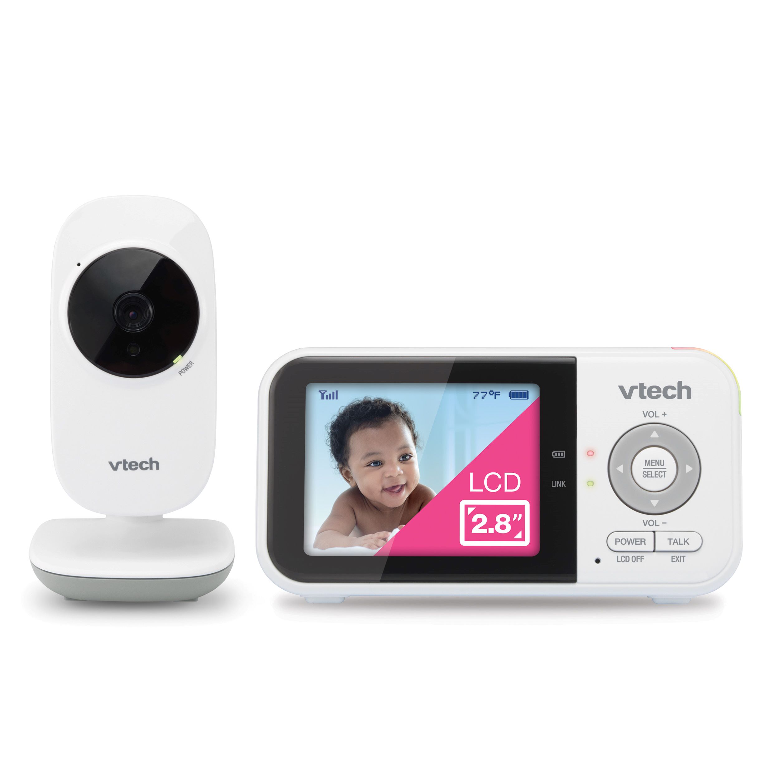VTech VM819 parent viewer with a 2.8-inch screen beside the one included baby camera in an official manufacturer composite.
