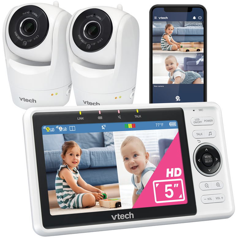 VTech VM901-2HD two cameras and one split-view parent screen in an official manufacturer rendering.