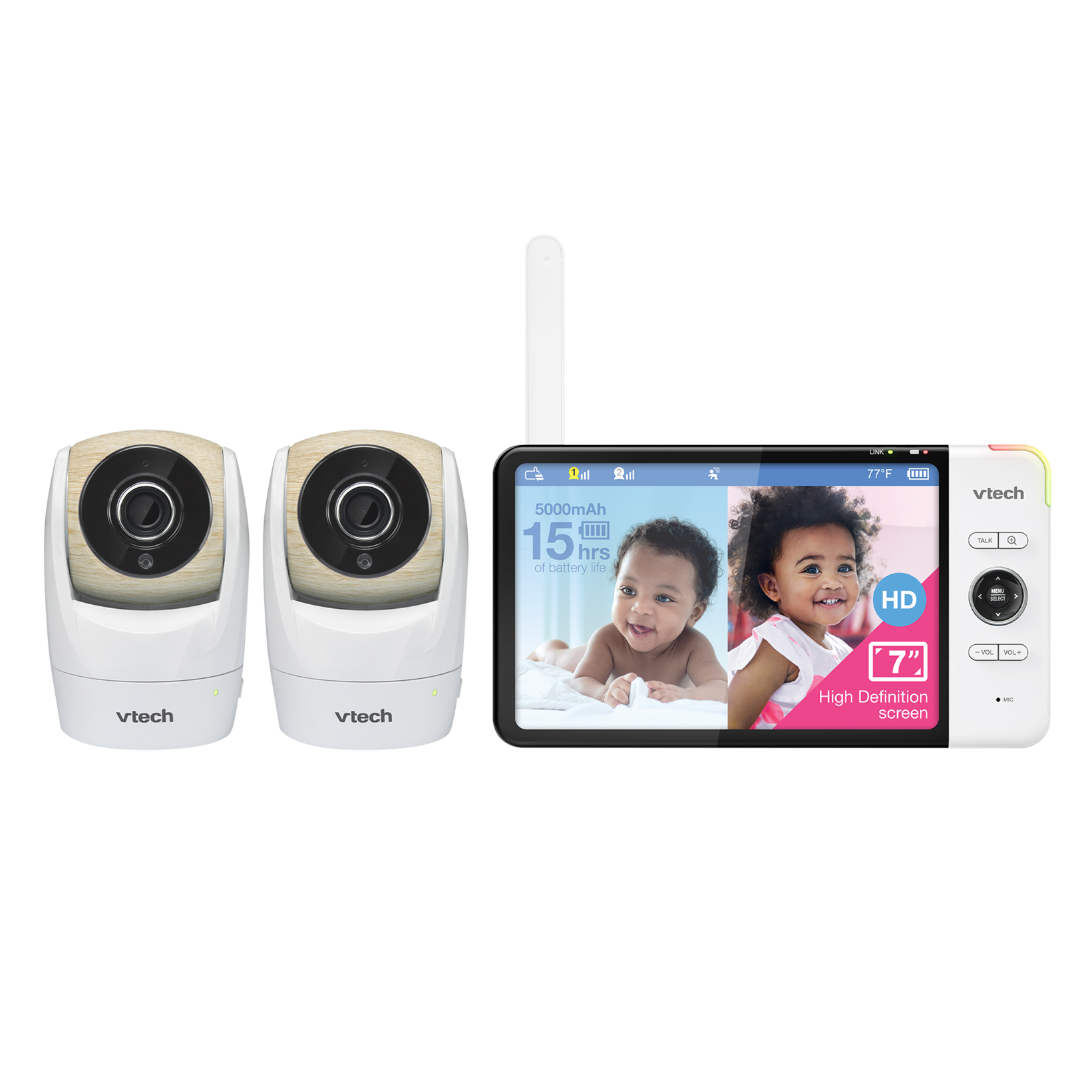 VTech VM919-2HD two-camera parent unit and two Baby Unit cameras in an official manufacturer product composite.