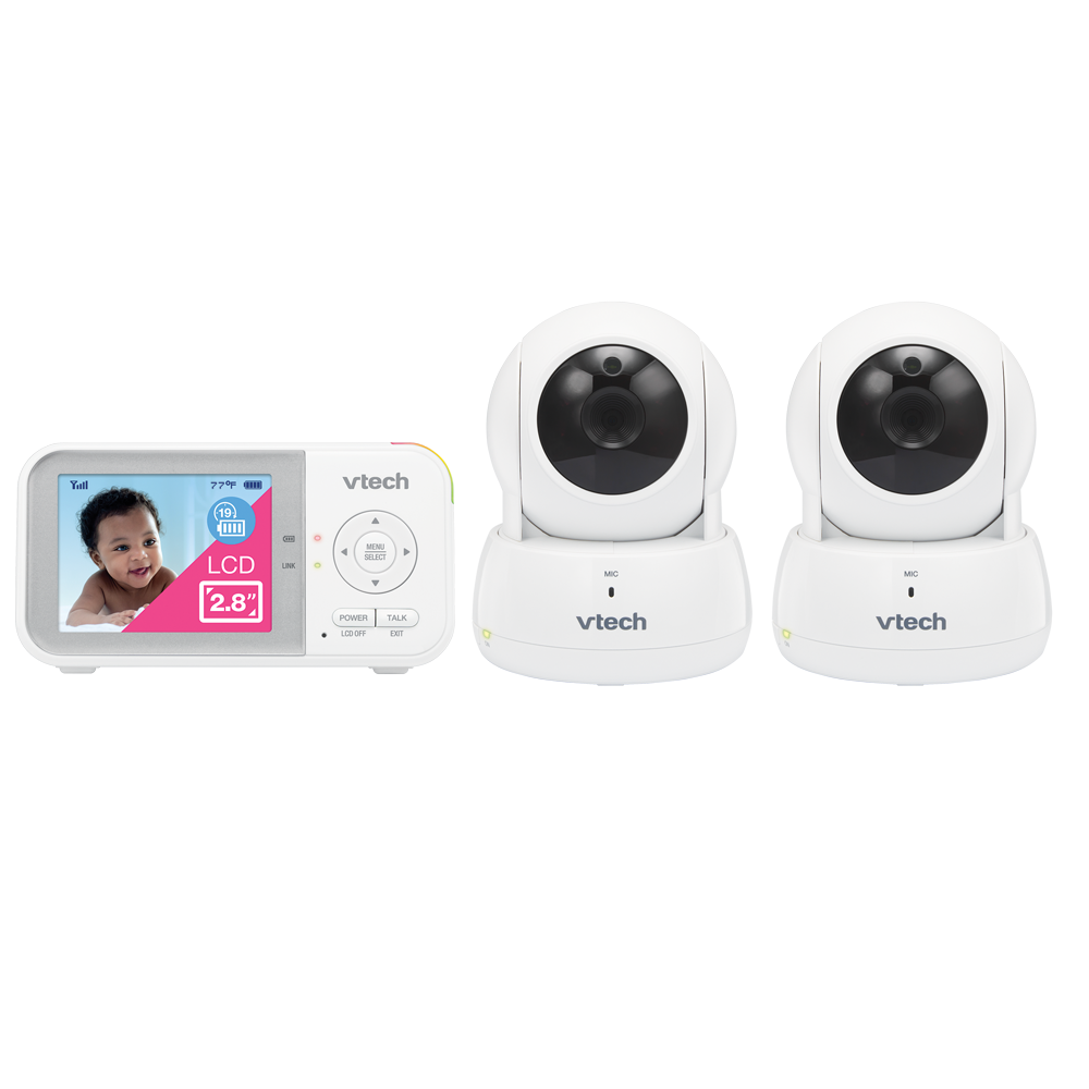 VTech VM923-2 parent viewer with two separate pan-and-tilt cameras in an official manufacturer rendering.