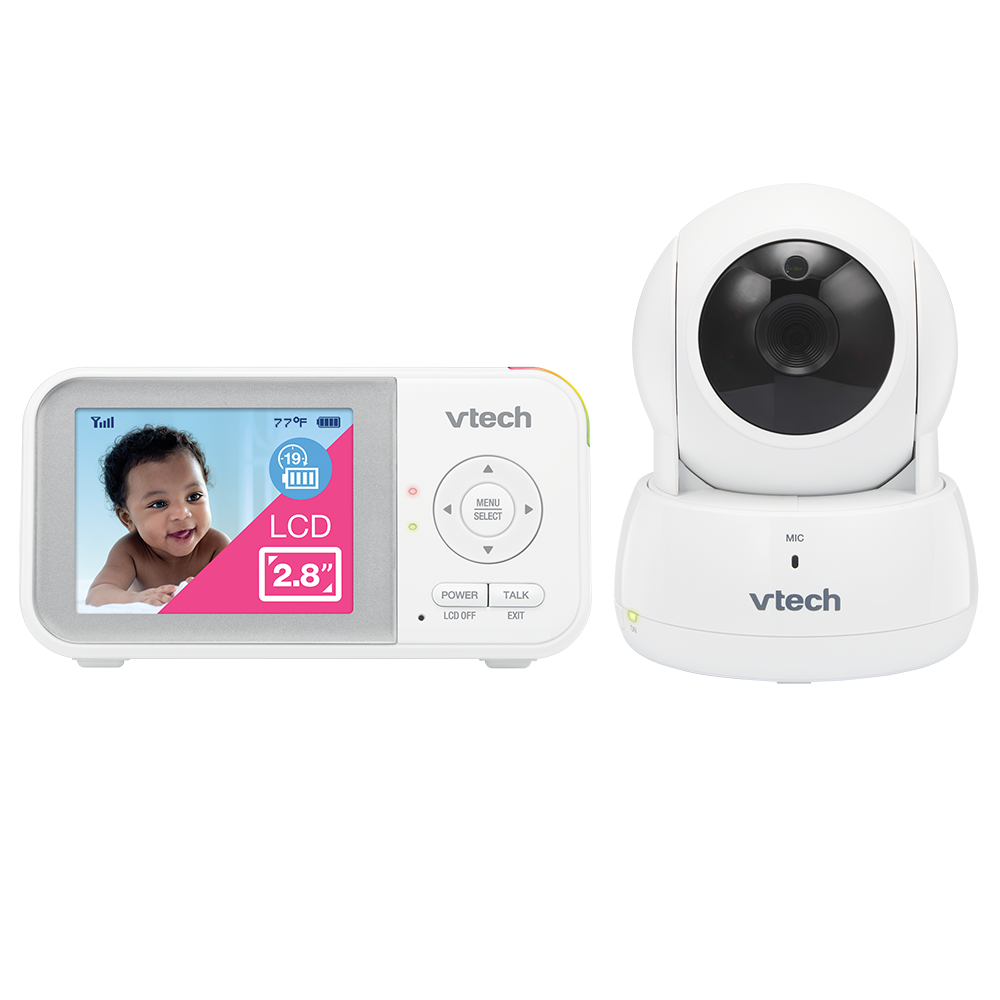 VTech VM923 2.8-inch parent unit with the single included pan-and-tilt camera in an official manufacturer rendering.
